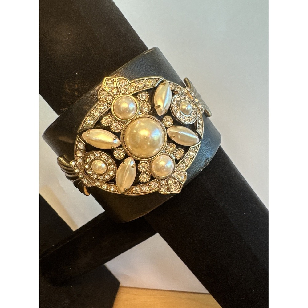 Vintage Pearl And Crystal Statement Wide Black Leather Cuff Bracelet 90's